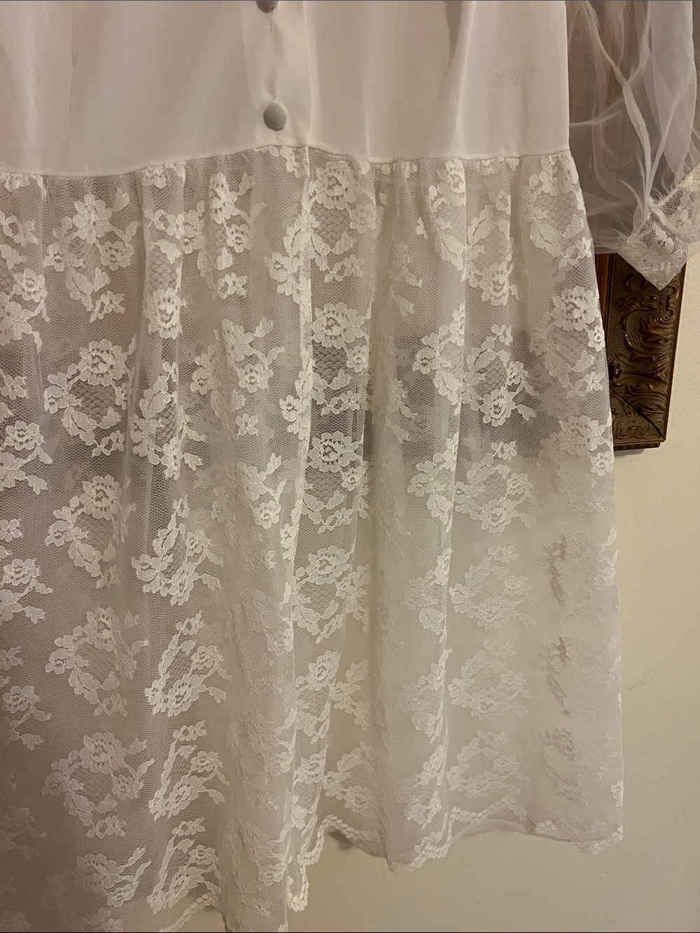 Vintage White Lace Babydoll Nightgown - Sheer Puff Sleeve Sleep Dress - Picture 4 of 4